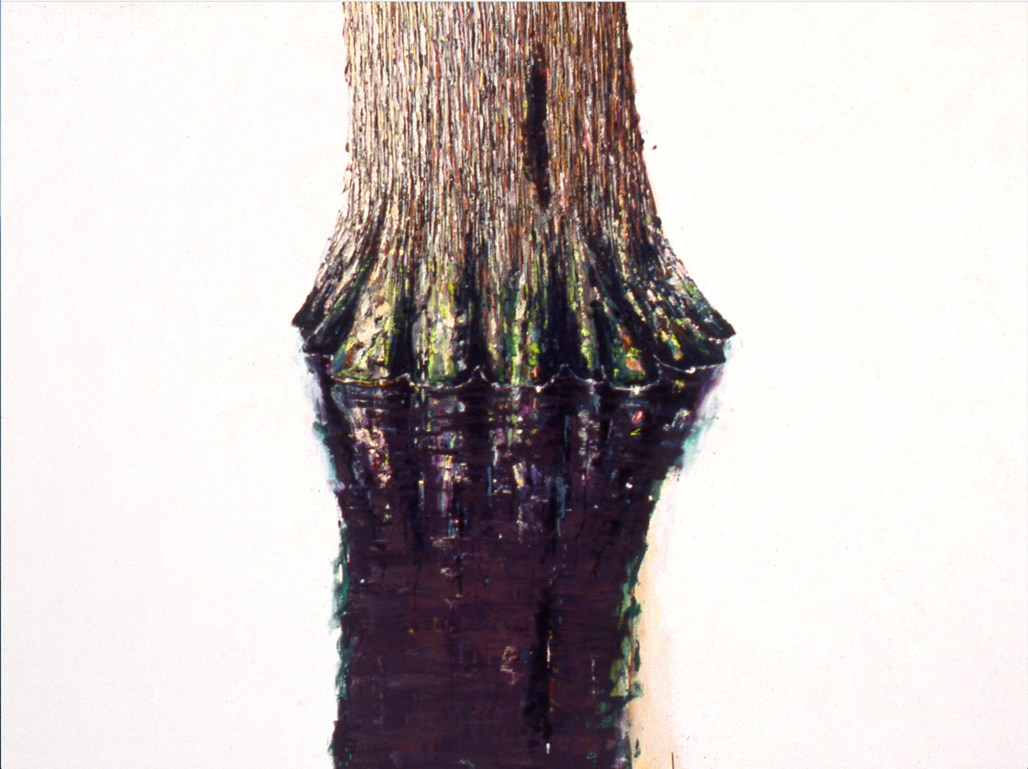 Painting of a tree stump with its own reflection against a white background.